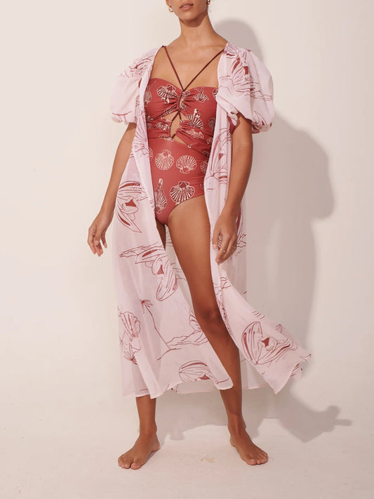 Printed One-Piece Swimsuit And Beach Kimono