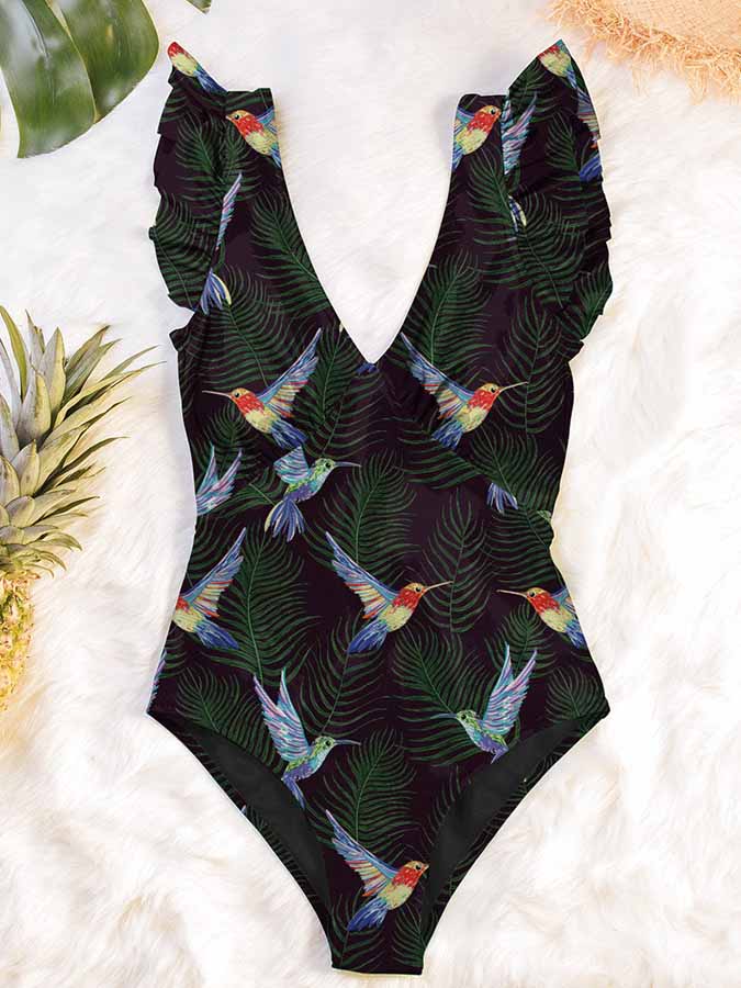 V-Neck Printed Ruffle One-Piece Swimsuit