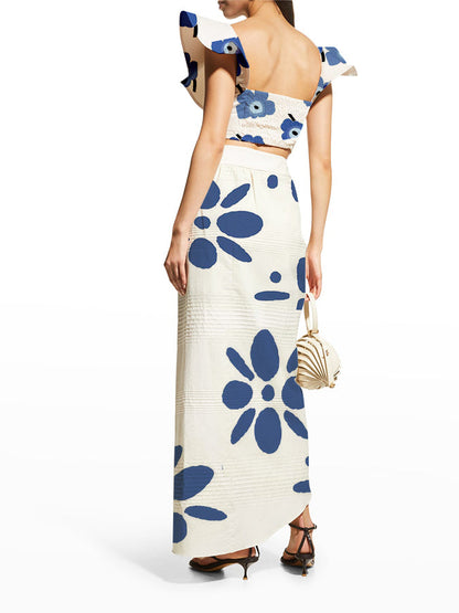Solid Ruffled Split Swimsuit and Beach Skirt