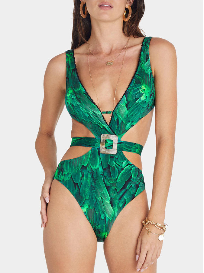Feather Print One Piece And Cover Up