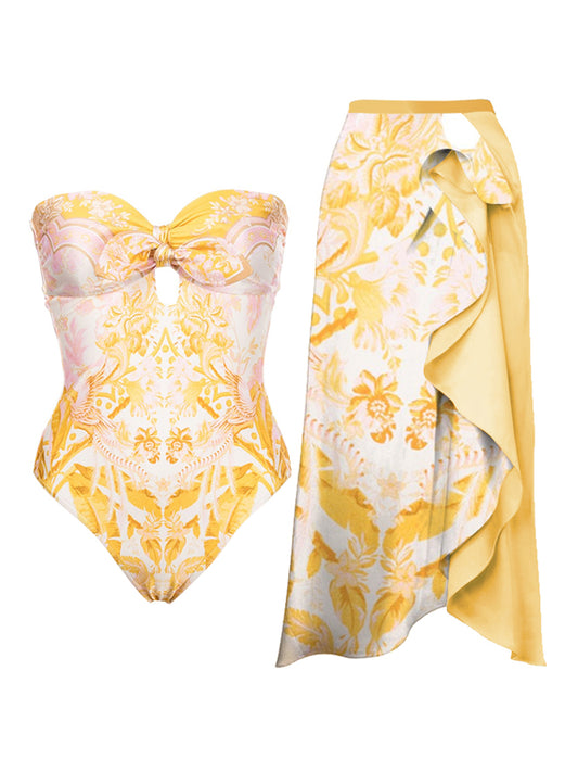 Vintage Print Print Bandeau One Piece Swimsuit And Cover Up
