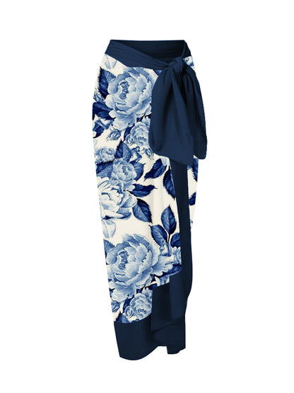 Blue and White Porcelain Print Color Block One-Piece Swimsuit And Cover Up