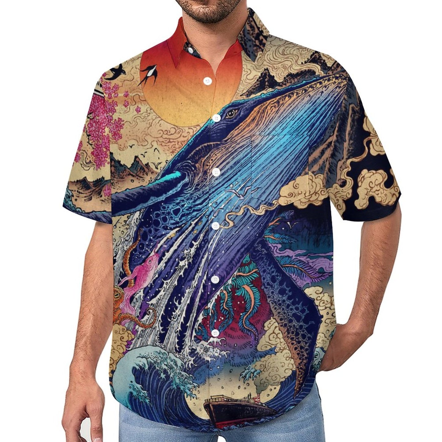 Men's Ukiyo-e Sea Life Print Vacation Hawaiian Shirt 2305106995