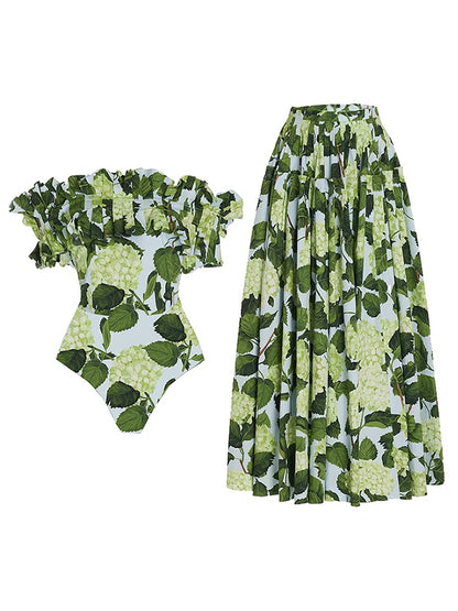 Floral Print One Piece Swimsuit and Skirt