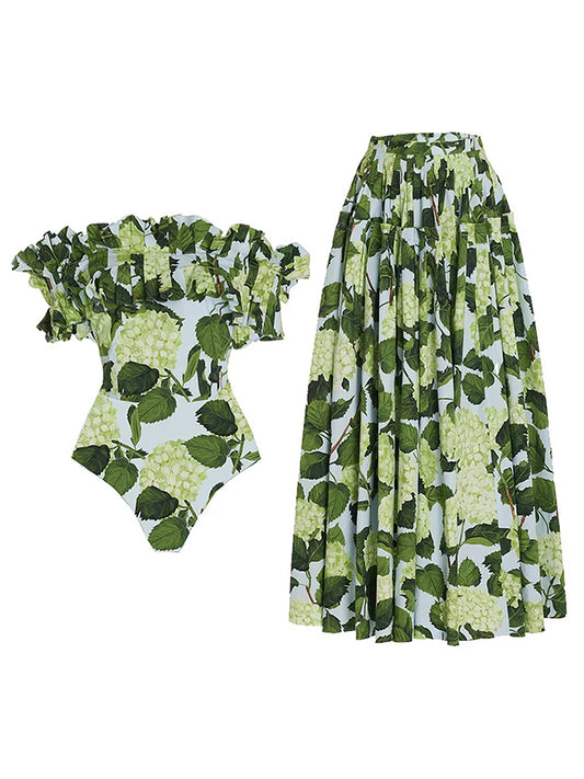 Floral Print One Piece Swimsuit and Skirt