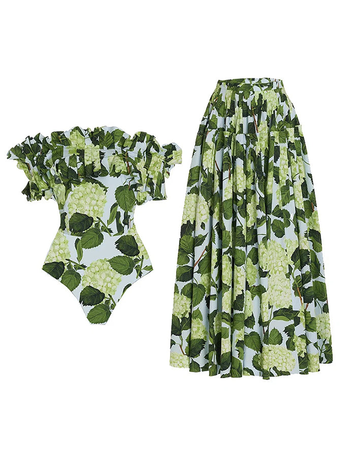 Floral Print One Piece Swimsuit and Skirt