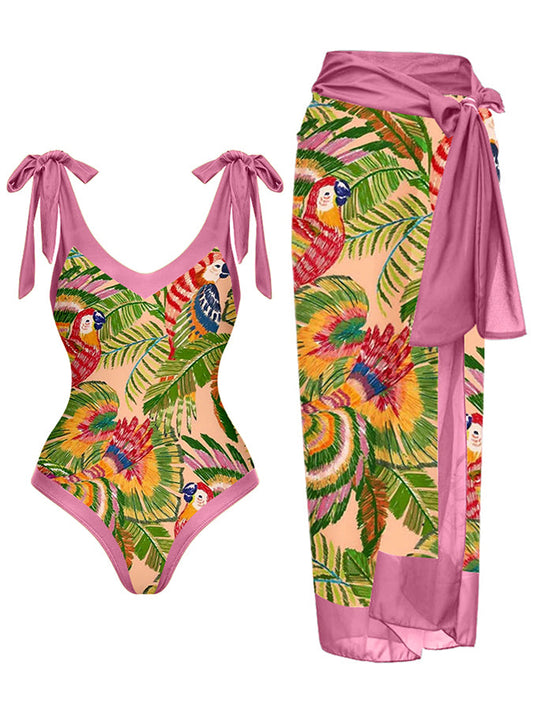 Vintage V-Neck Colorblock Animal And Plant Print One Piece Swimsuit Set