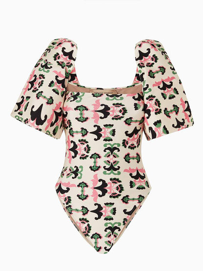 Print Twisted Flower Puff Sleeve Swimsuit