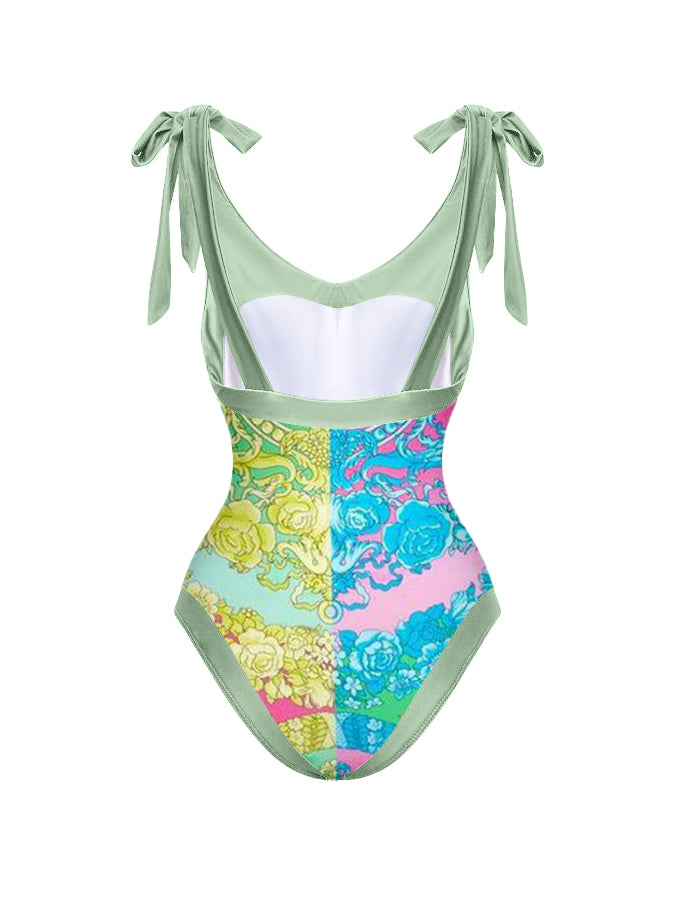 Fashion Print Lace Up One Piece Swimsuit