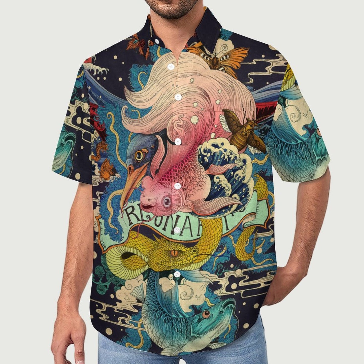 Men's Ukiyo-e Sea Life Print Vacation Hawaiian Shirt 2305107206