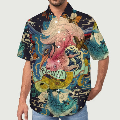 Men's Ukiyo-e Sea Life Print Vacation Hawaiian Shirt 2305107206
