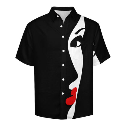 Men's Beautiful Girl Face Shadow Printed Casual Short Sleeve Shirt 2306102580