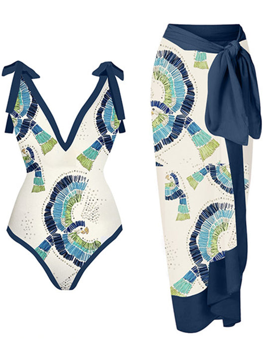 Deep V Print One Piece Swimsuit and Cover Up