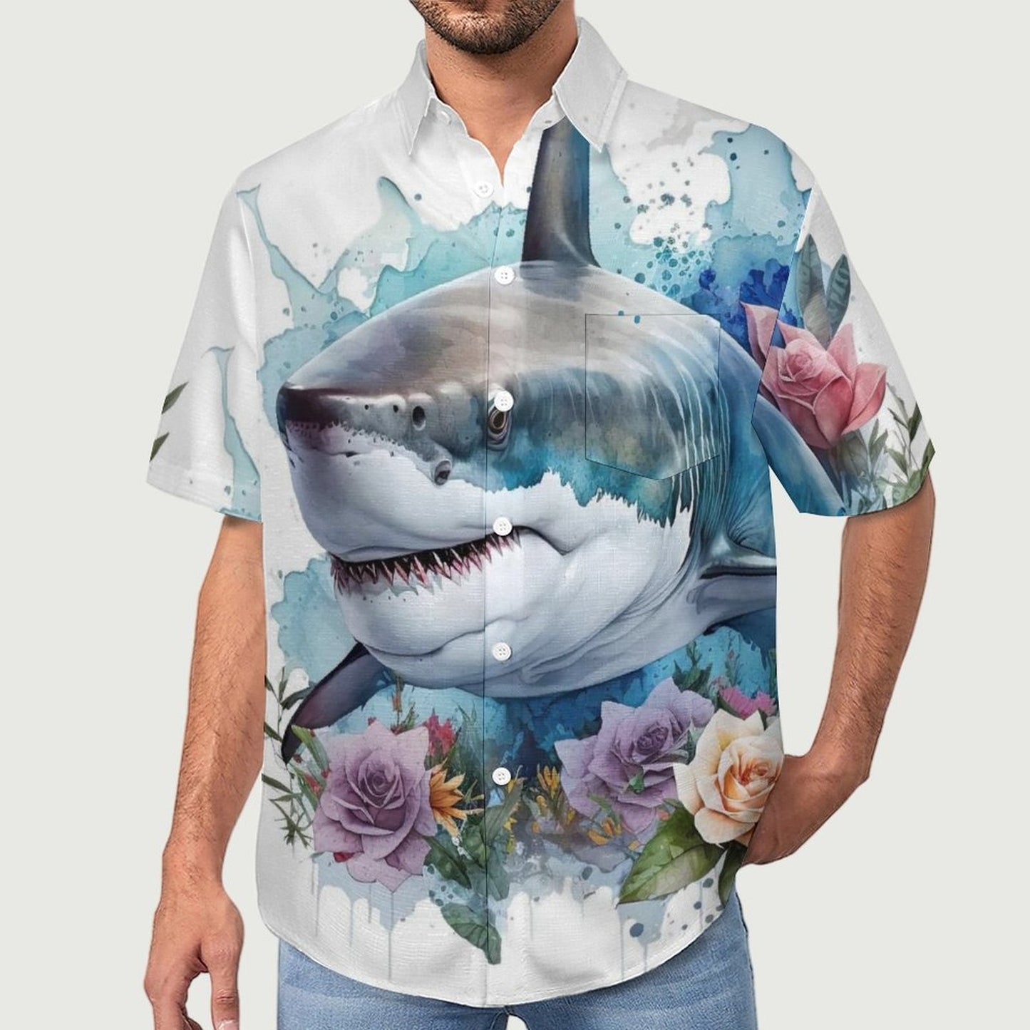 Men's Shark Painted Art Print Vacation Hawaiian Shirt
