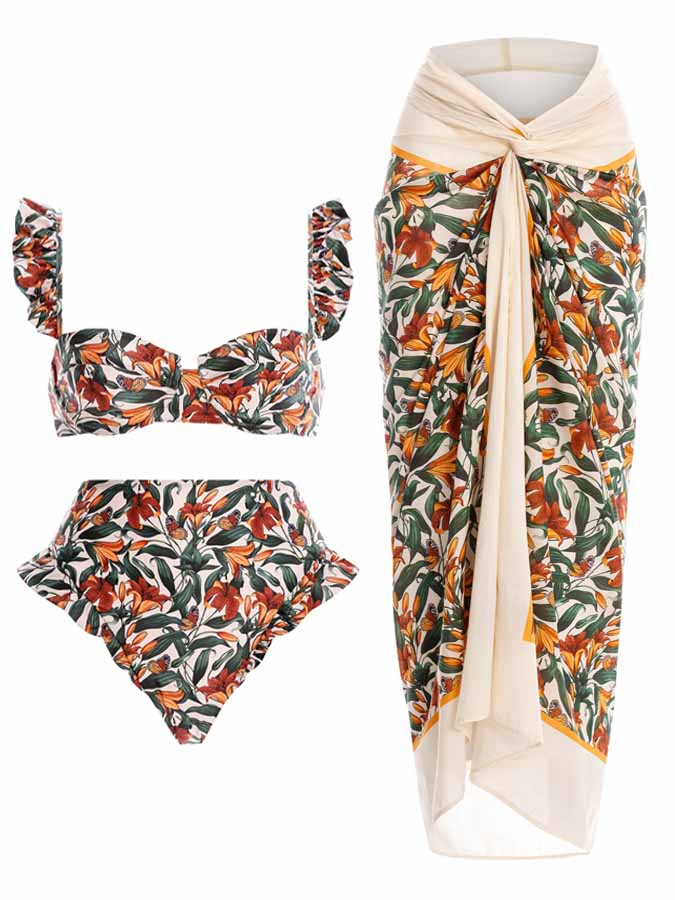 Vintage Floral Print Bikini and Cover Up