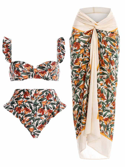 Vintage Floral Print Bikini and Cover Up