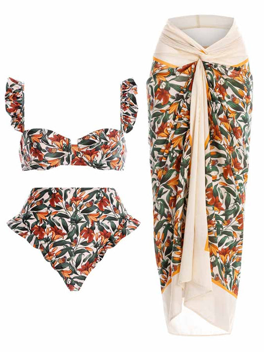 Vintage Floral Print Bikini and Cover Up