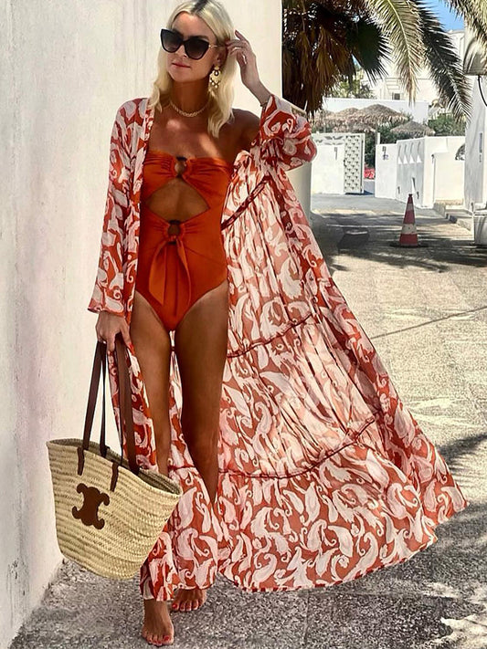 Floral print one piece swimsuits and kimonos