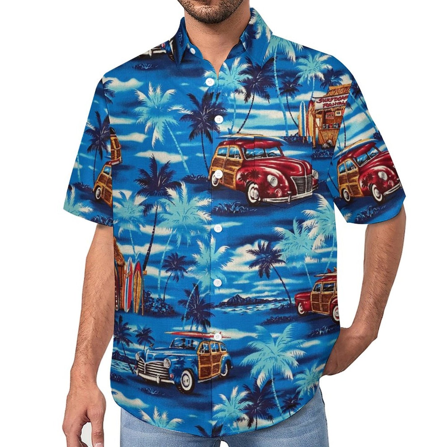 Men's Blue Car Print Vacation Hawaiian Shirt 2306100699