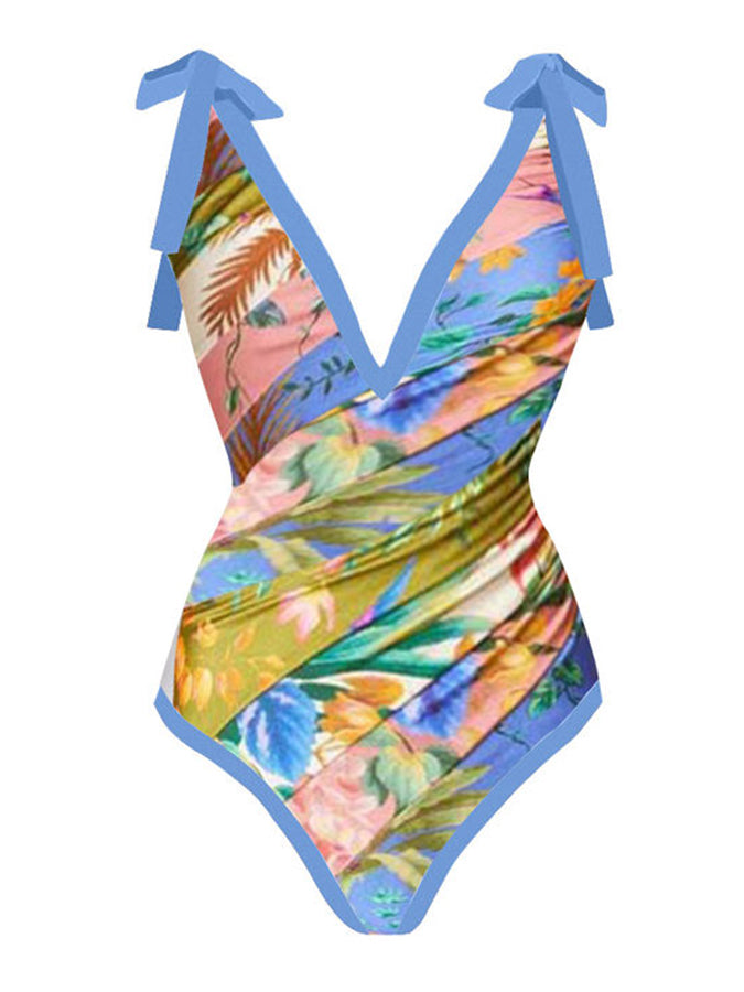 Deep V Vintage Print One Piece Swimsuit Set