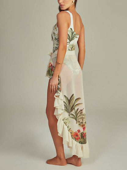 Beach Print Swimsuit and Cover-Up