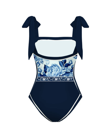 Blue and White Porcelain Print Color Block One-Piece Swimsuit And Cover Up