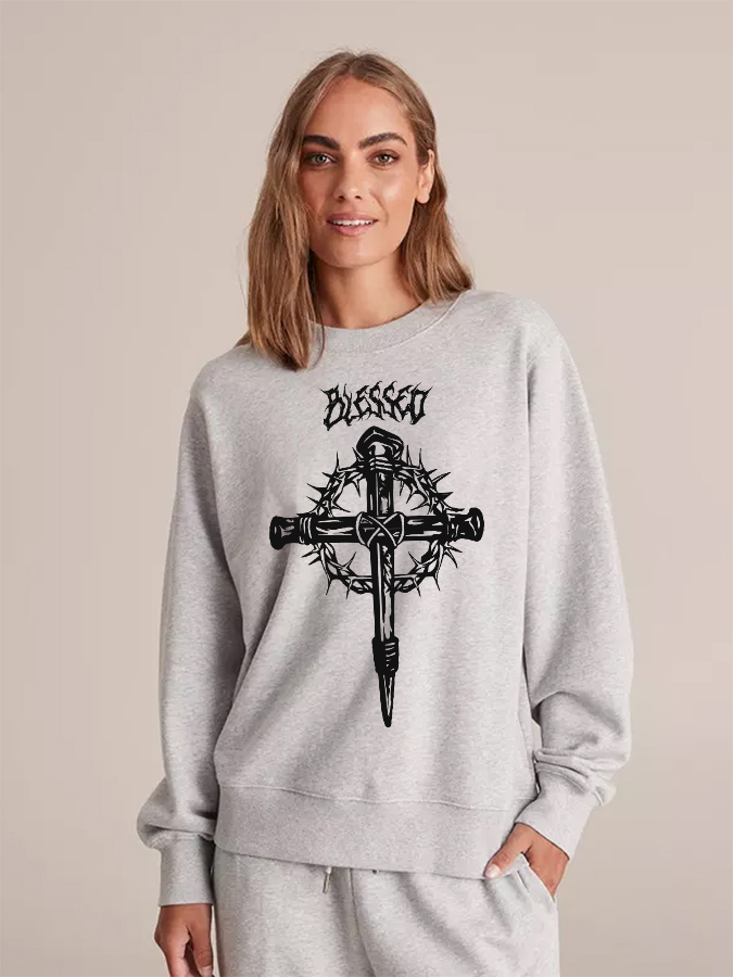 Unisex Round Neck Casual Cross Printed Long Sleeve Sweatshirt