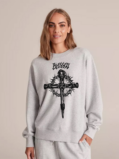 Unisex Round Neck Casual Cross Printed Long Sleeve Sweatshirt