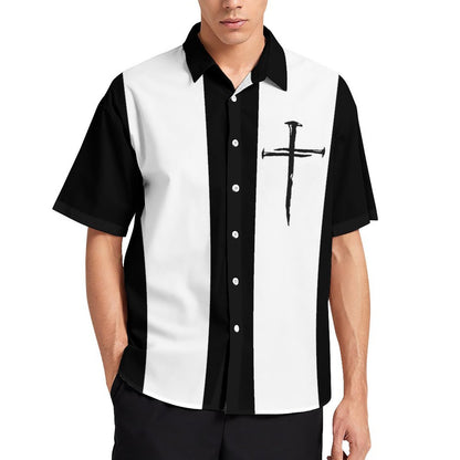 Mens Crucifix Print Casual Breathable Short Sleeve Hawaiian Shirt