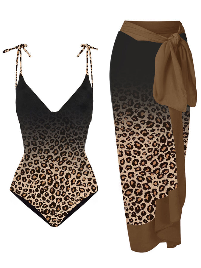 Leopard Gradient Print One Piece Swimsuit and Cover Up