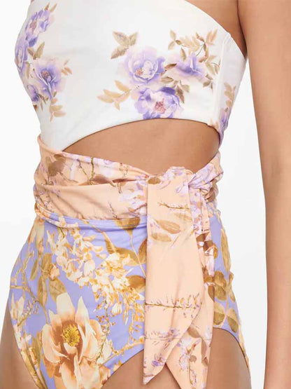 Fashion Colorblock Floral Print One Piece Swimsuit