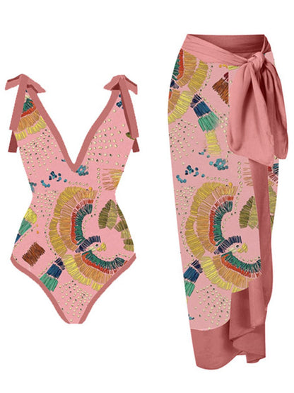 Deep V Print One Piece Swimsuit and Cover Up
