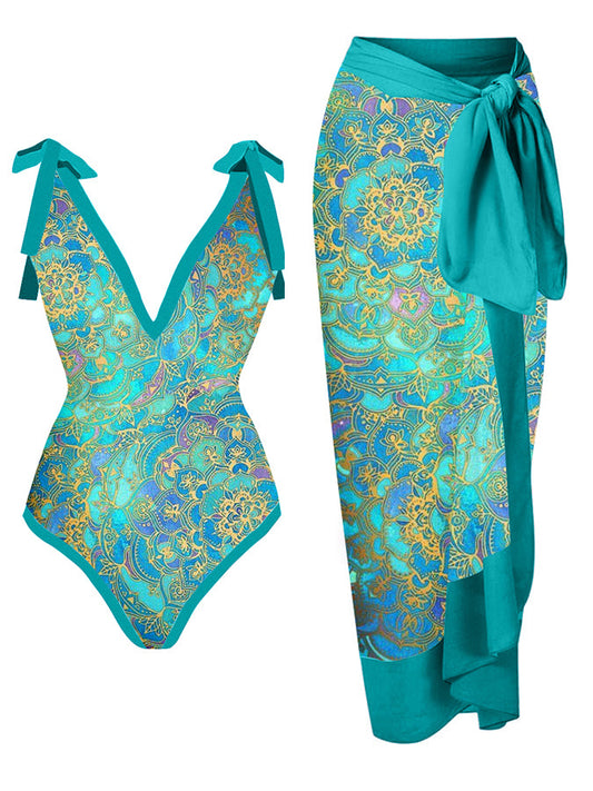 Vintage V-Neck Colorblock Print One-Piece Swimsuit