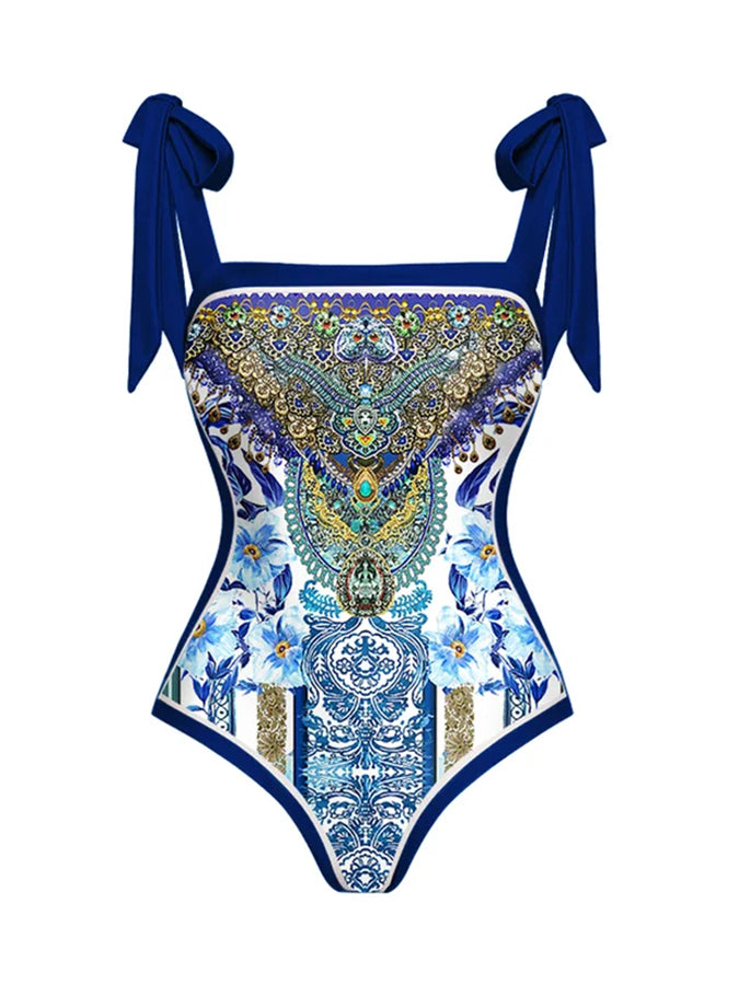 Bowknot Tie-shoulder One Piece Swimsuit