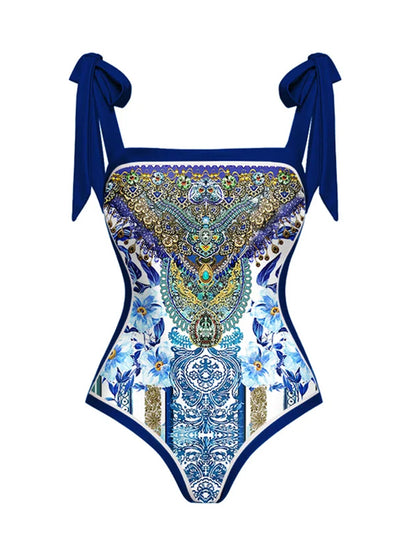 Bowknot Tie-shoulder One Piece Swimsuit