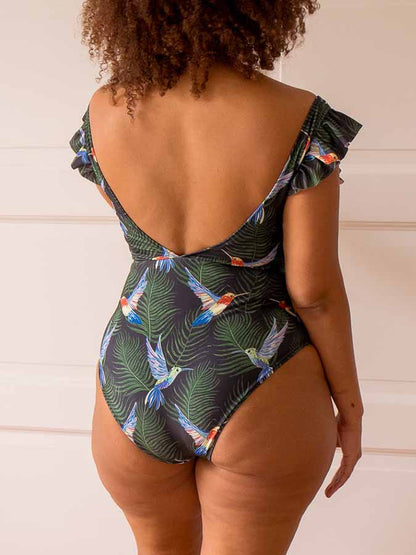 V-Neck Printed Ruffle One-Piece Swimsuit