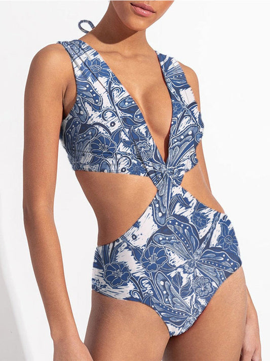 Deep V Print One Piece Swimsuit