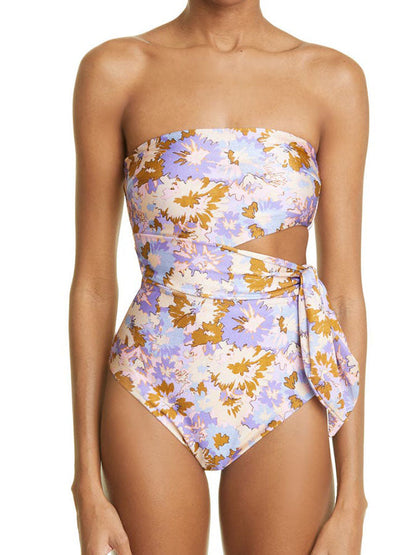 Bandeau Print Tie One Piece Swimsuit