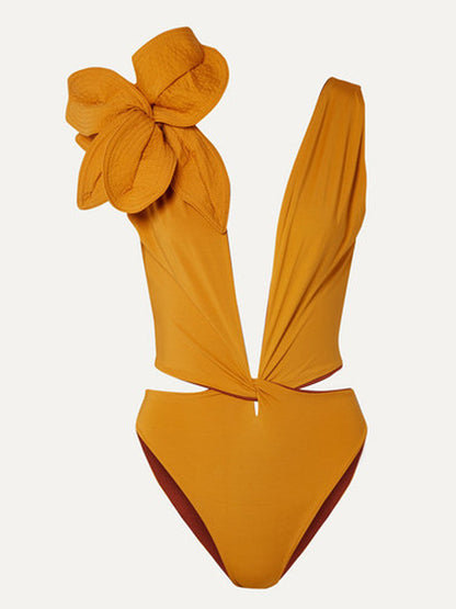 Solid Color 3D Design One Piece Swimsuit