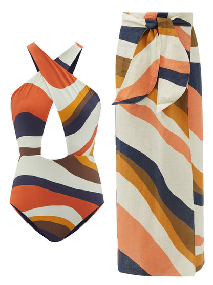 Fashion Colorblock Print One Piece Swimsuit and Cover Up