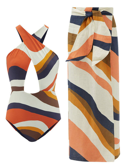Fashion Colorblock Print One Piece Swimsuit and Cover Up