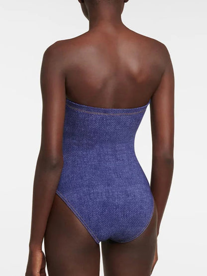 Denim Print One Piece Swimsuit and Skirt
