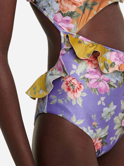Fashion Colorblock Floral Print Ruffle One-Piece Swimsuit
