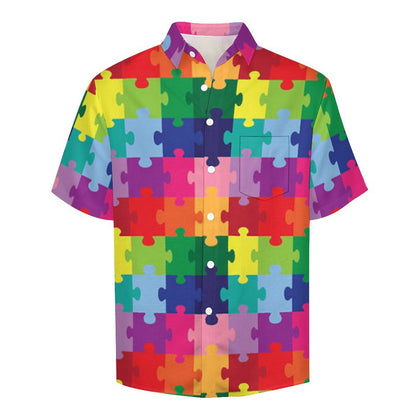 Men's Hawaiian Colorful Puzzle Print Vacation Shirt 2306101599