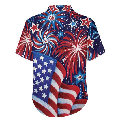 American Flag Chest Pocket Short Sleeve Cotton Linen Lounge Shirt 2306101234