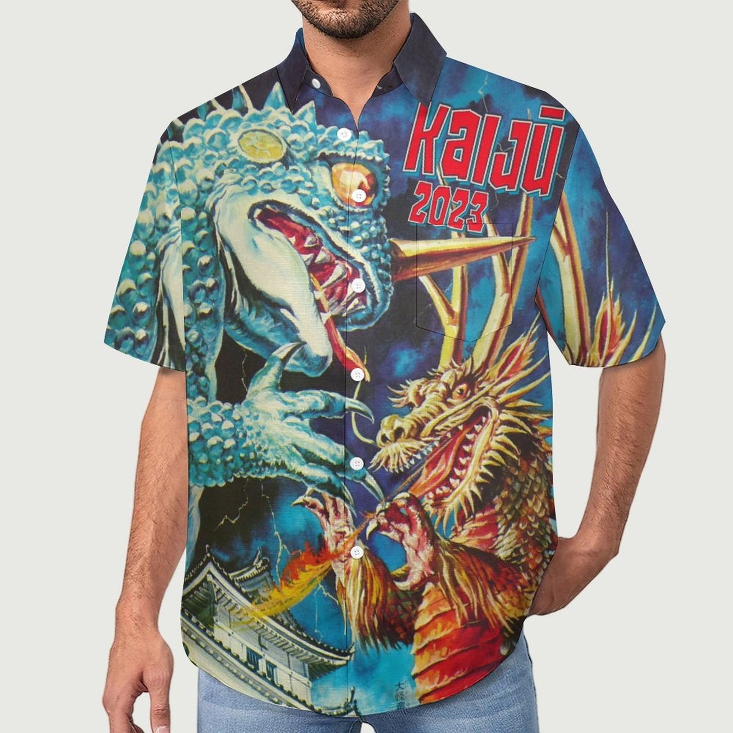 Men's Cotton Monster Print Vacation Hawaiian Shirt 2306101229