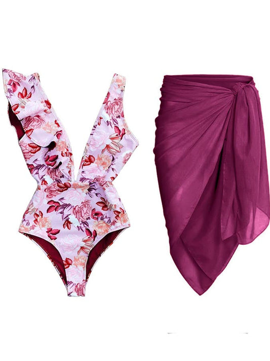Printed One-Shoulder Ruffle Fashion One-Piece Swimsuit