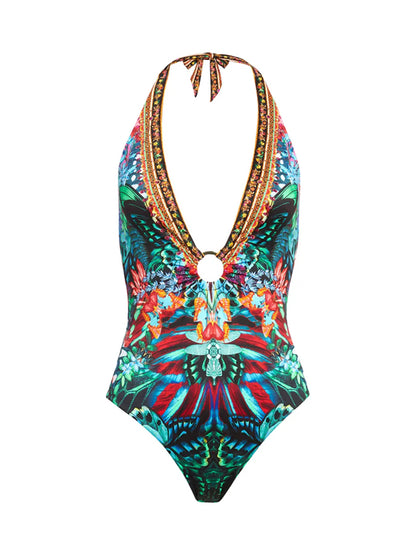 Vintage Butterfly  Deep V Print One Piece Swimsuit And Cover up