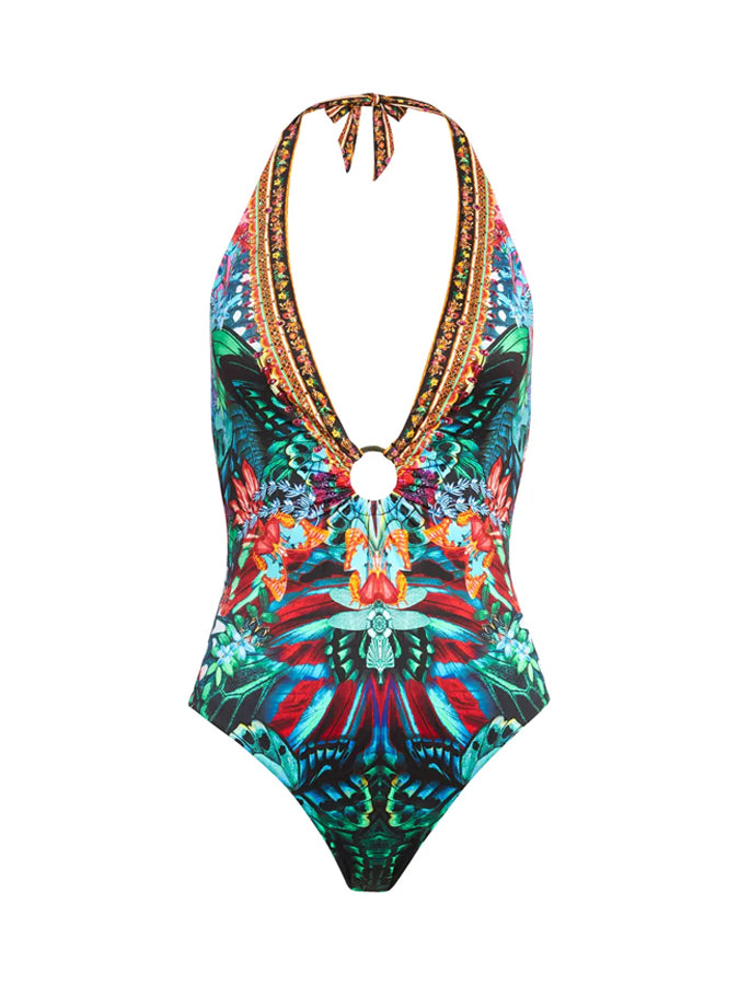 Vintage Butterfly  Deep V Print One Piece Swimsuit And Cover up