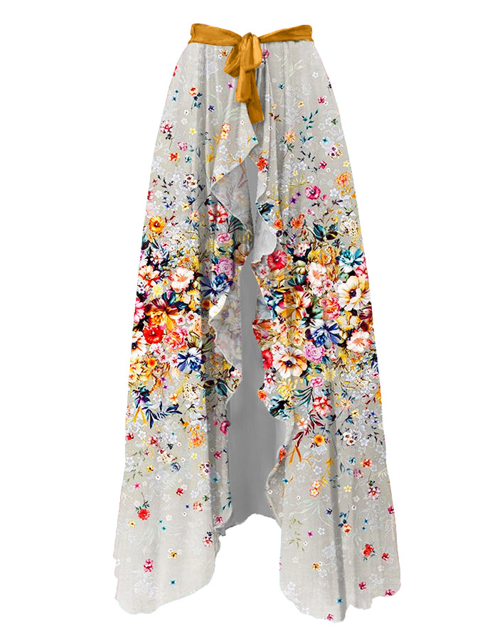 Ruffled Floral Print Colorblock One-Piece Swimsuit and Cover-up